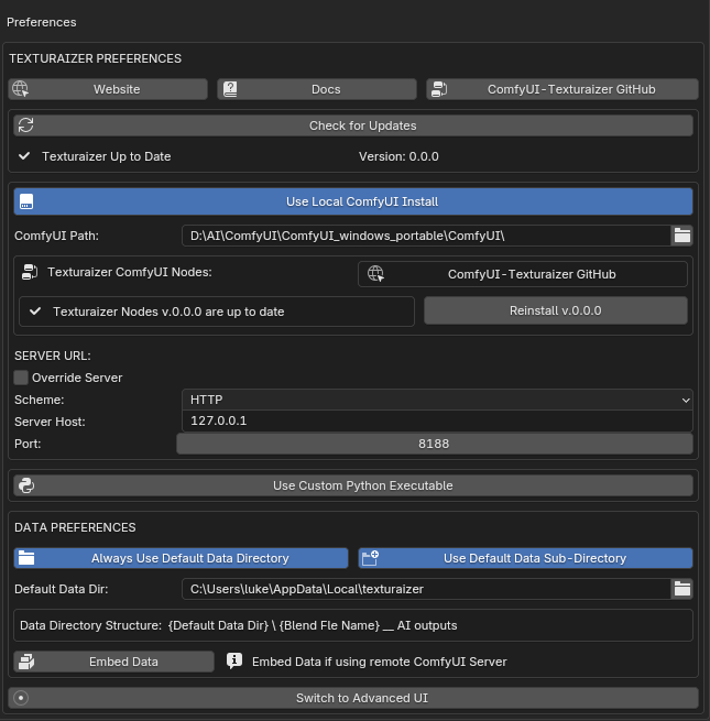 Texturaizer add-on preferences and connection settings