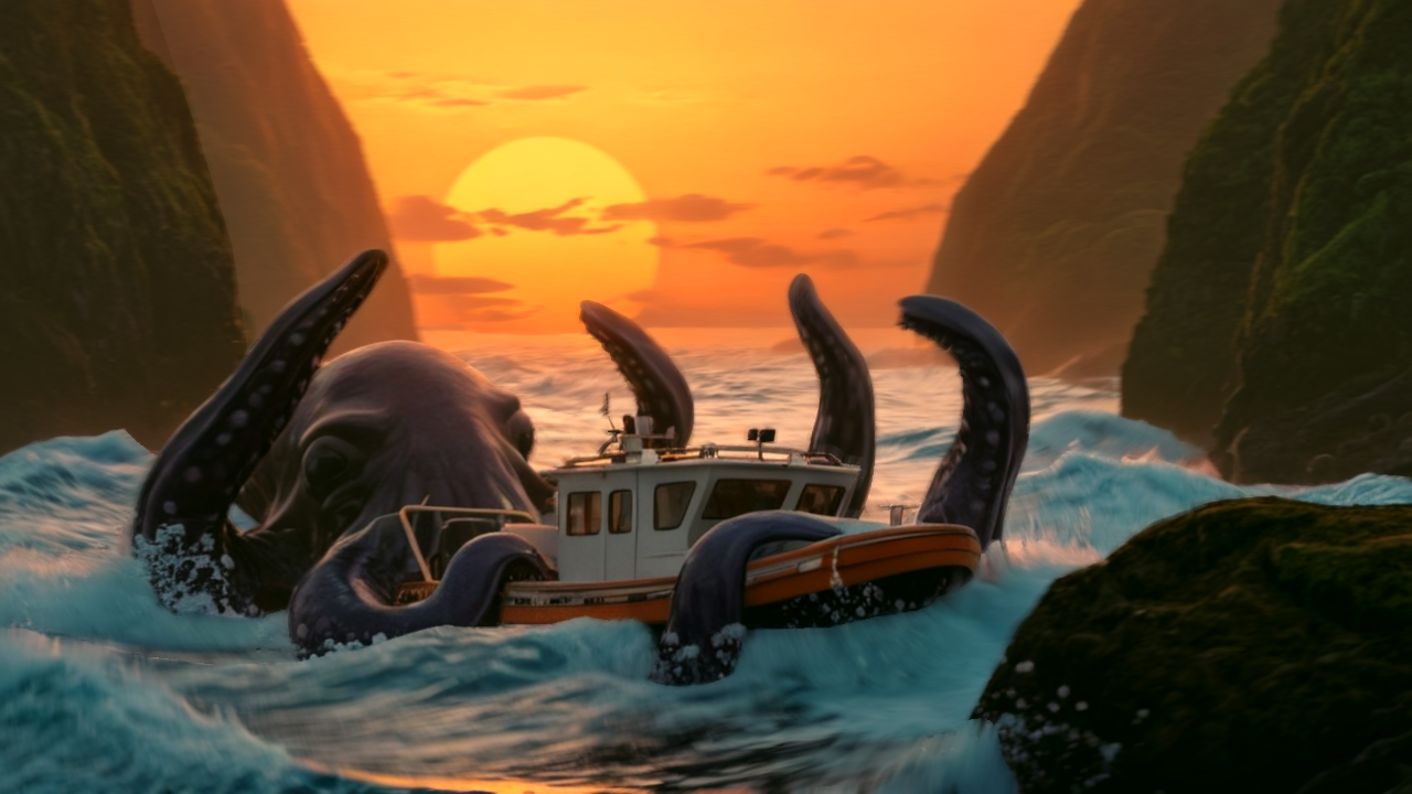 A kraken wrapping around a boat in a rough ocean between cliffs at sunset